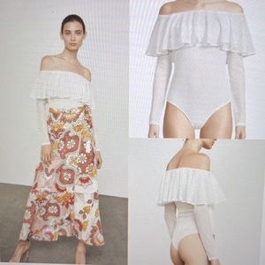 BCBG Maxazria White Off Shoulder Ruffled Long Sleeve Bodysuit Semi-Sheer